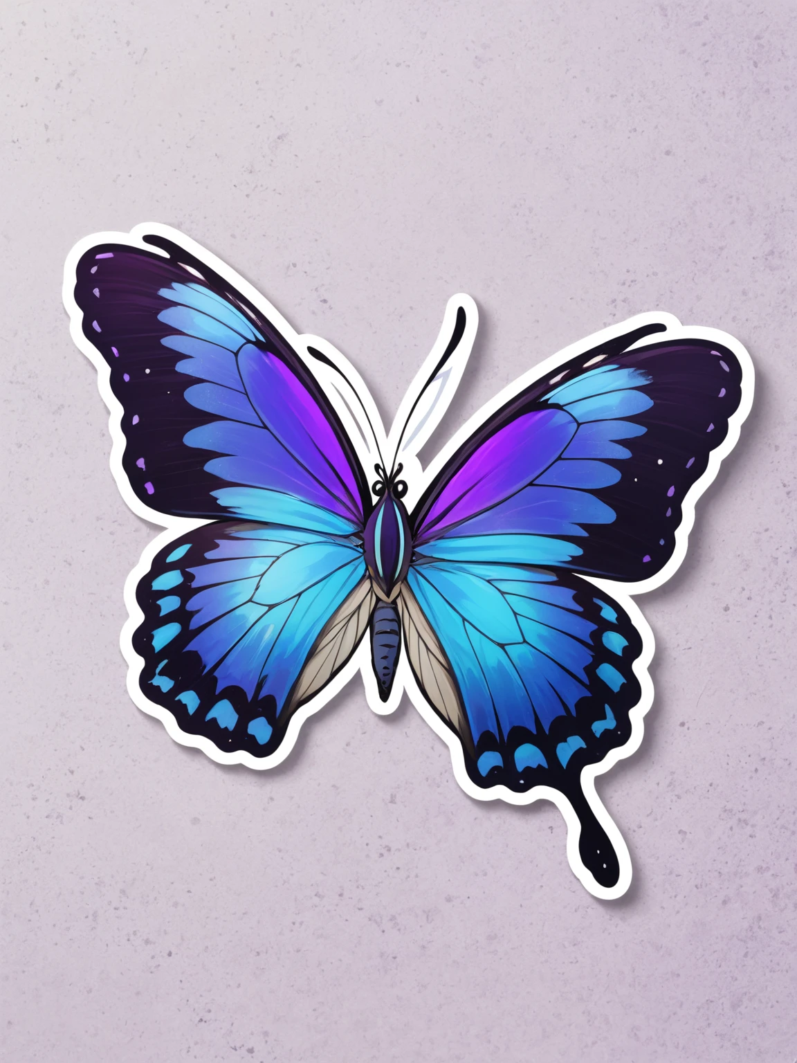 Blue and violet butterfly, maximum quality, sticker, flying, board background