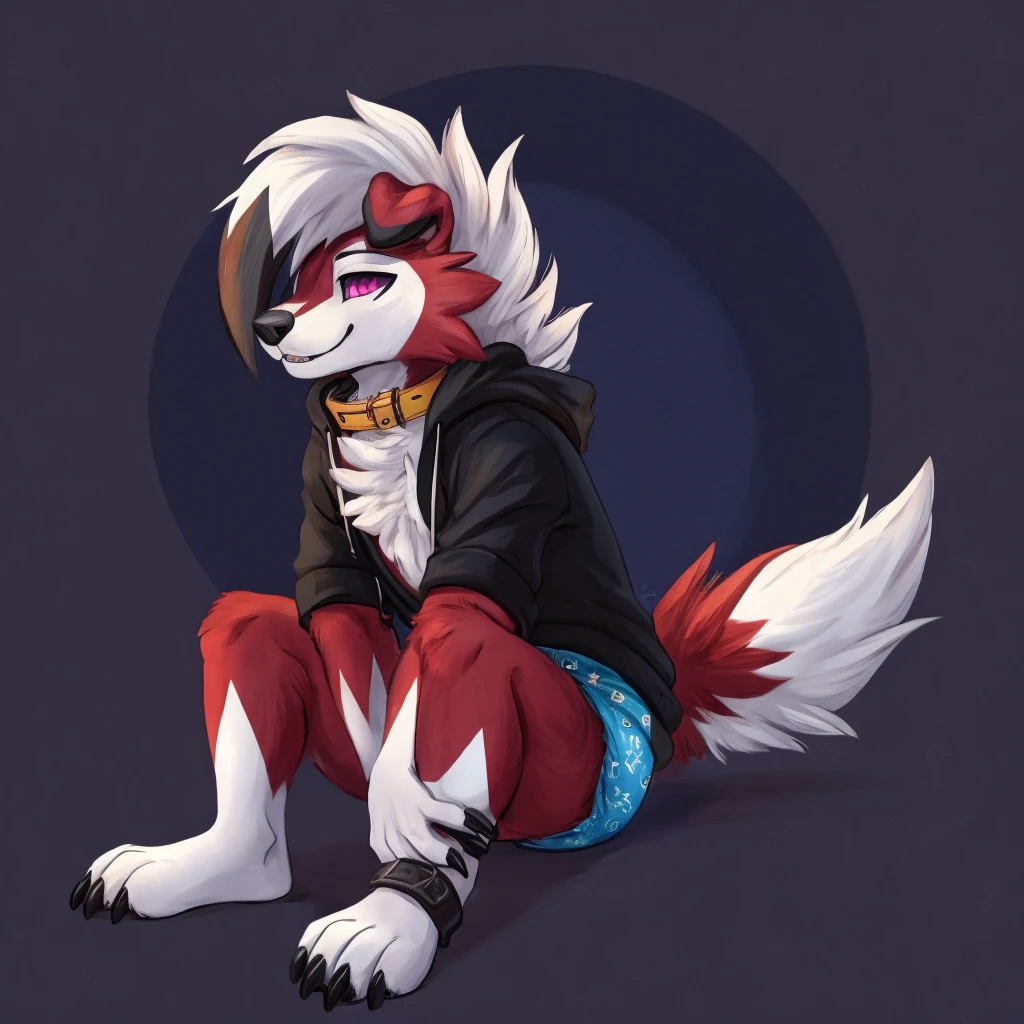A dark purple Midnight femboy lycanroc wearing a black sweatshirt and a blue diaper and white socks with black stripes and a gold dog collar around his neck and with bracelets on his arms