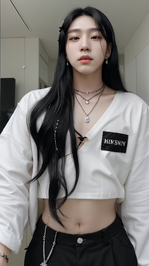 Korean boy
Beautiful
Black Long hair.
Jewellery
Kpop idol
23 years old
White and black hair