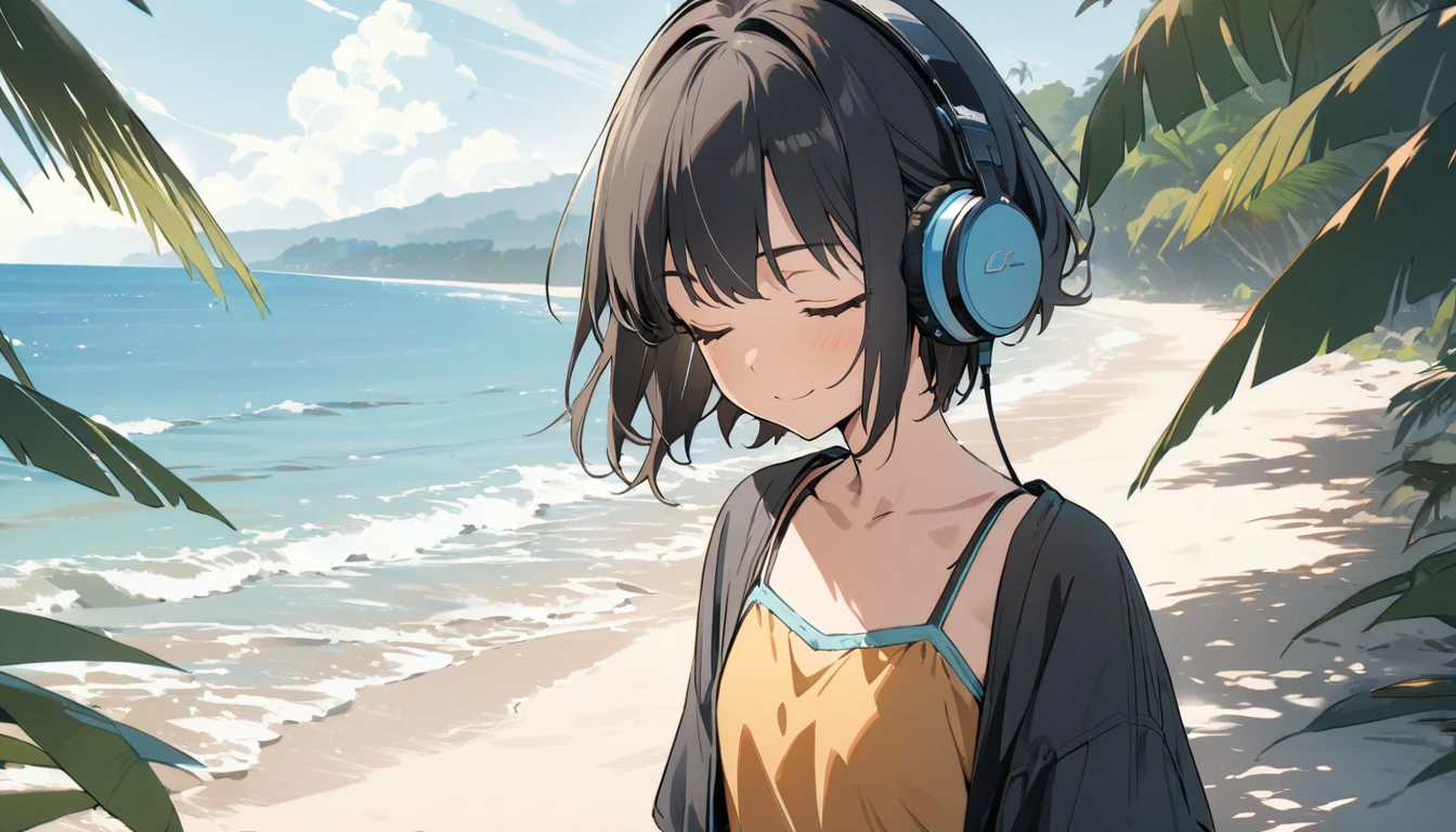 1girl, solo, gentle smile on her face flat chest, short hair, black hair, upper body, ((masterpiece, illustration, best quality)) ((best quality)) by the beach sea shore walking around the beach with her headphones on, eyes closed
