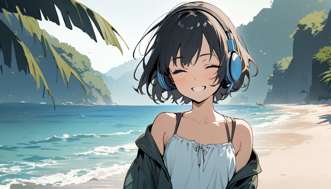 1girl, solo, gentle smile on her face flat chest, short hair, black hair, upper body, ((masterpiece, illustration, best quality)) ((best quality)) by the beach sea shore walking around the beach with her headphones on, eyes closed