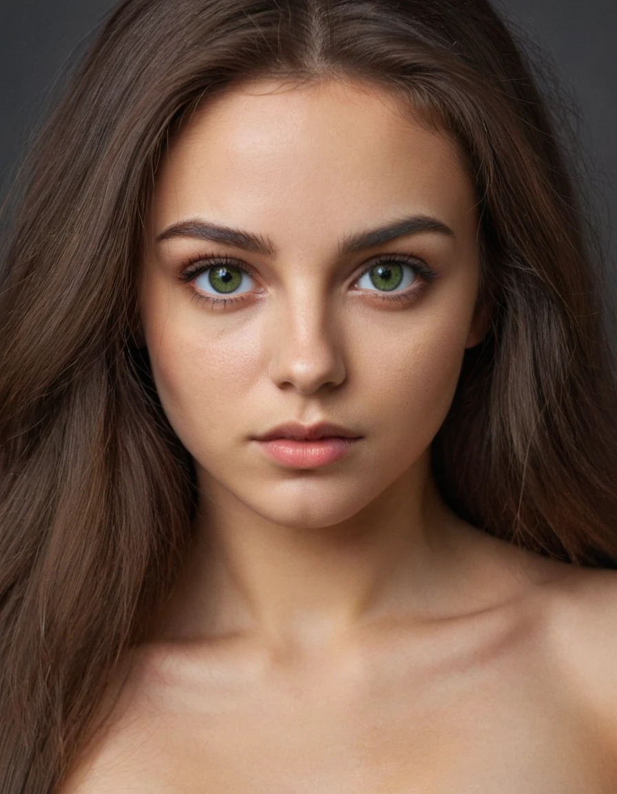 girl with hourglass figure, 70% difference from the waist. brunette, long hair, well-groomed 25 years old. ultra textured light skin with beautiful retouching. natural,big green eyes with more brown color at the pupil. slit with fox effect. looks directly into the camera. confident underdog.