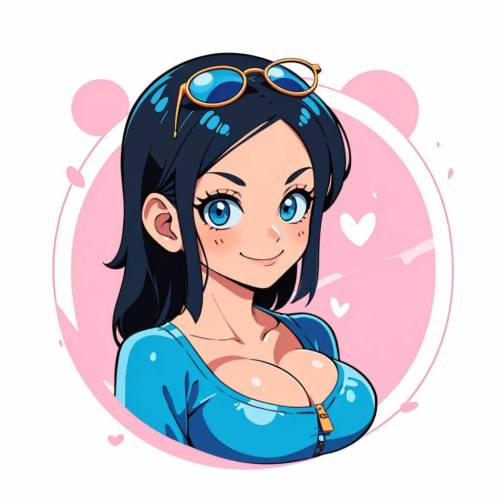 ((1girl,  nico robin, nico robin from one piece, 1girl, white background, crop top, midriff, navel, sarong, eyewear on head, zipper, Partially unzipped, large hair, black hair)), upper body, anatomically correct, chibi, simple background, smile, cleavage, looking at the viewer, 