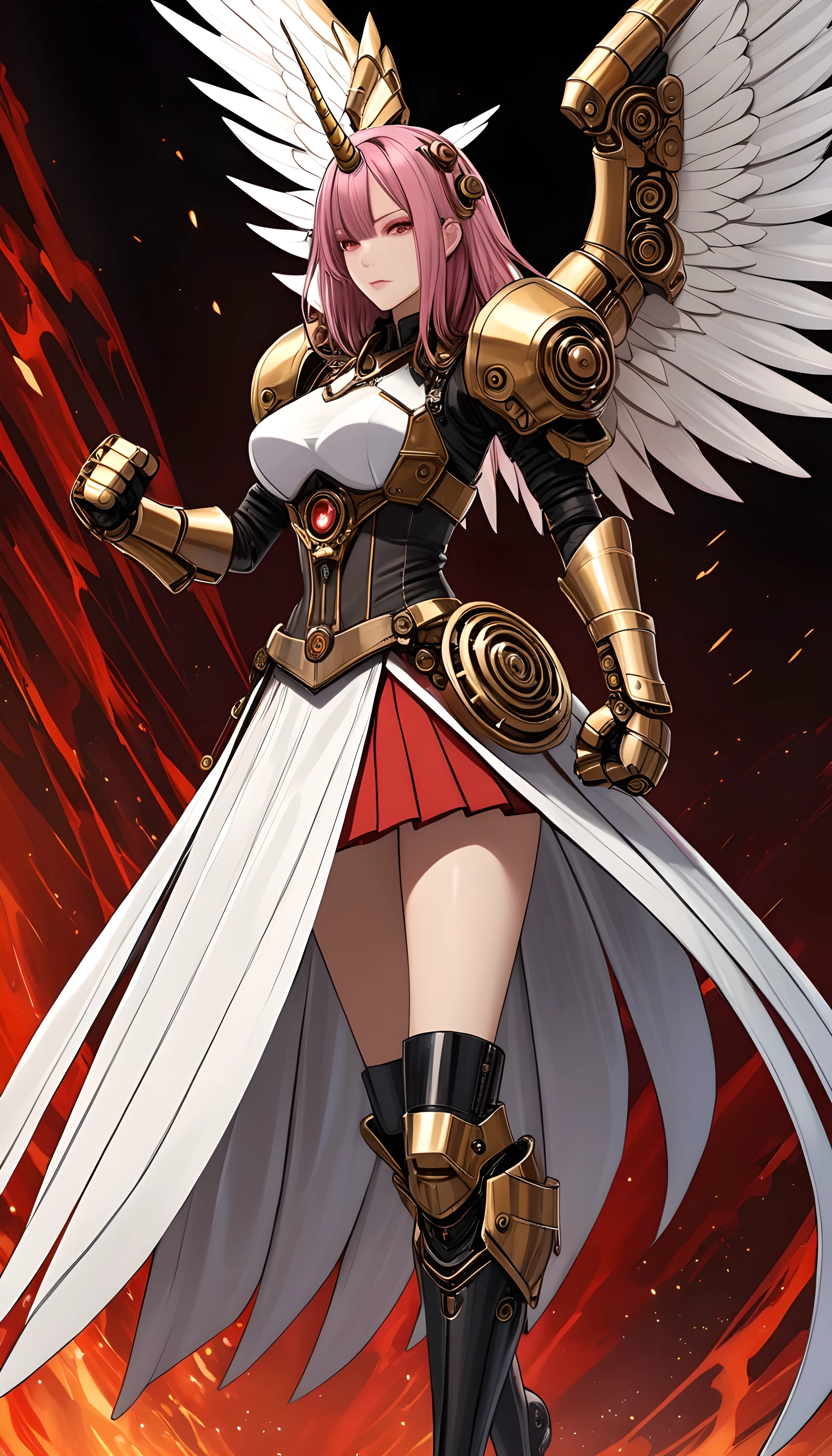 unicorn horn,metal spiral sharp corners,in style of Santiago Caruso,
huge mechanical angel wings,mechanical_halo,1 girl,mechanical wrist,mechanical skirt with pleated skirt,(huge makeover mechanical fists:1.5),the fist flashed red,