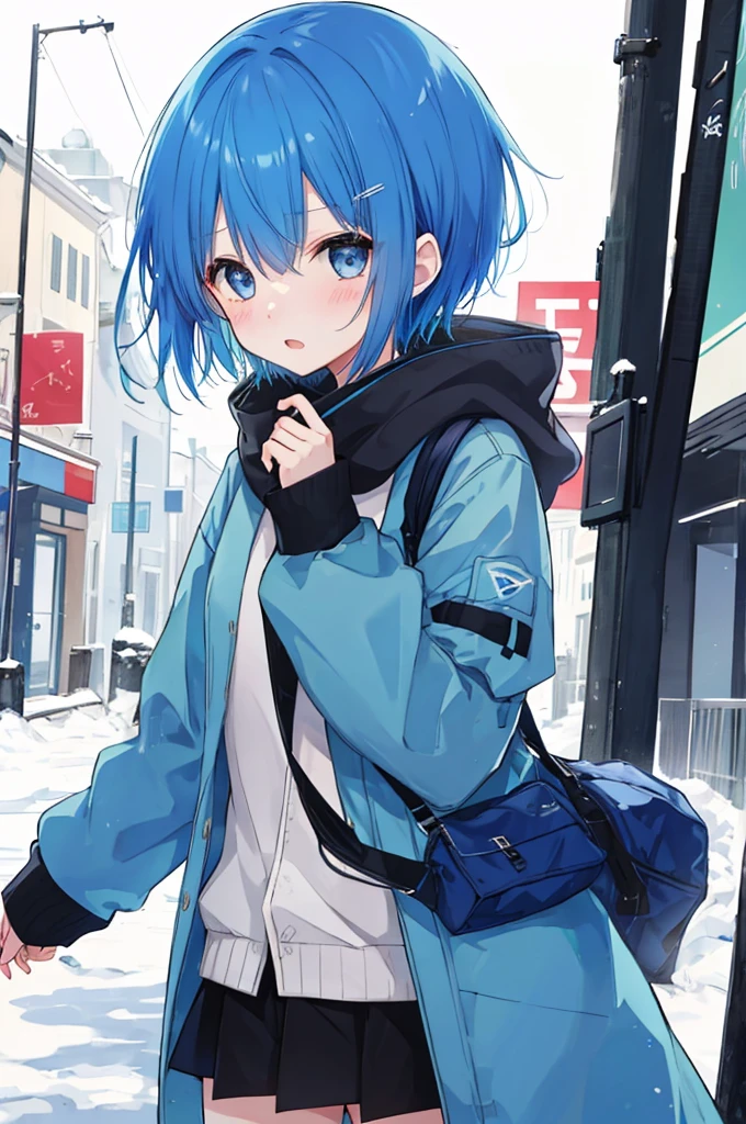 Girl、Blue hair short、Black winter clothes、Embarrassed