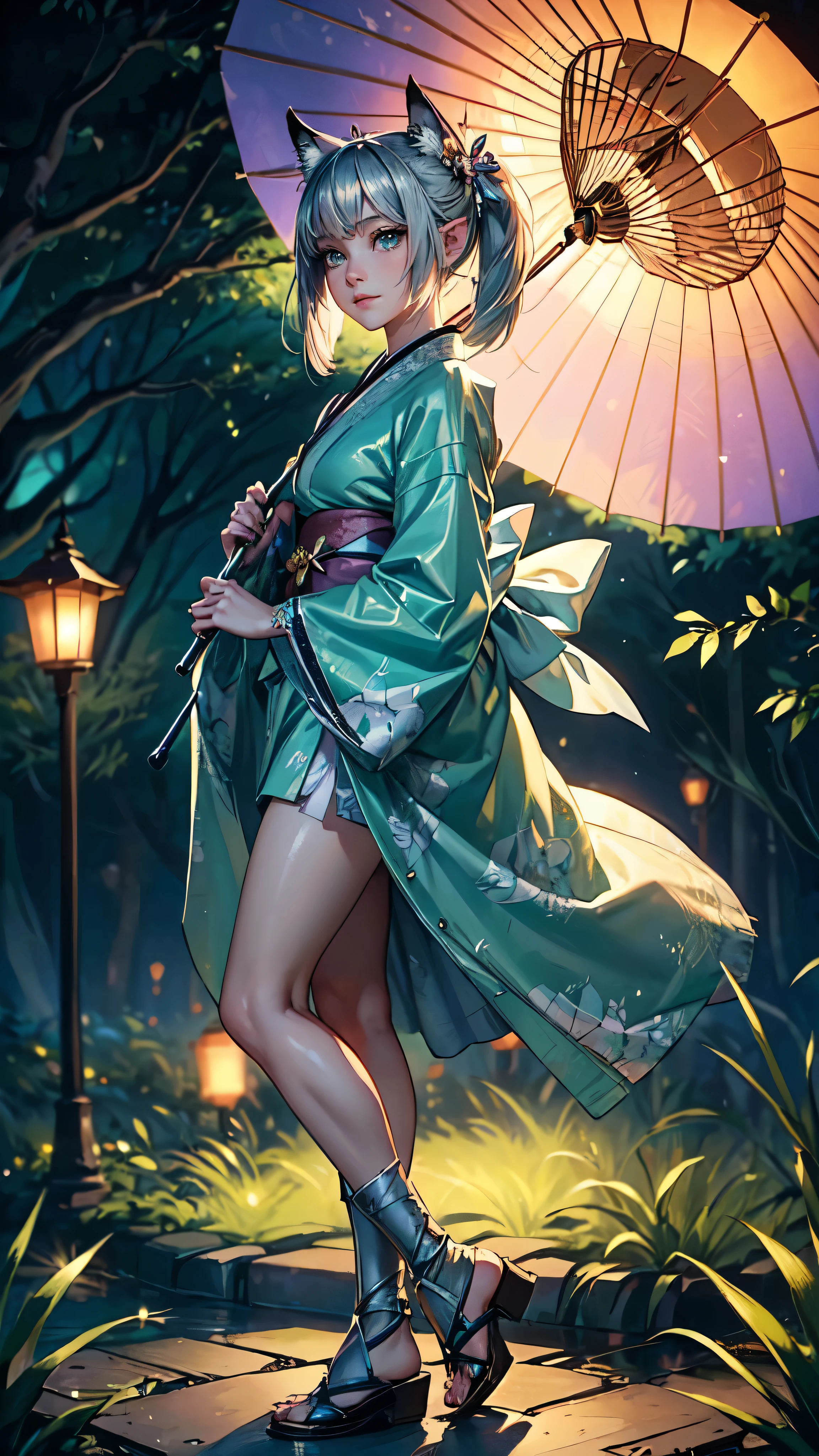 (Official art、Best Quality、Unity 8k Wallpapers、32K、masterpiece、ultra-detailliert、超A high resolution、realisitic、Photorealsitic:1.2)、(Cinematic lighting:1.2)、Fireglow effect、film grains、Best Shadows、Rim lighting、side lights、(Ultra-detailed and complex 3D rendering)、Detailed beautiful face and eyes、(Full body:1.2)、(sideshot、Looking away:1.2)、(Mystical)、Highly detailed background、beauitful face、blurry backround、(super detailed skin、detailed skin textures:1.3)、(There are many umbrellas hanging from trees, in a candy forest! At night, evening lanterns, Colorful lanterns, lanthanum, Japan at night, Colorful lanterns, Hanging lanterns, Wonderland at night, With lantern, Enchanted Garden Photos, parasol, illuminating the area, Outdoor Art Installation, glowing lanterns, !!Beautiful!!, magic scenes:1.2)、cowboy shot、shinny skin、beauitful face、blurry backround、20-year-old beauty、shinny skin、The fox's tail grows、Beautiful silver hair、short-hair、(poneyTail:1.2)、green colored eyes、Fox ears、hair adornments、Gentle smile、(Kimono:1.2)、a miniskirt、wearing kneesocks、beauty legs、detailed face, detailed eyes, detailed hands, woman,elf girl,t