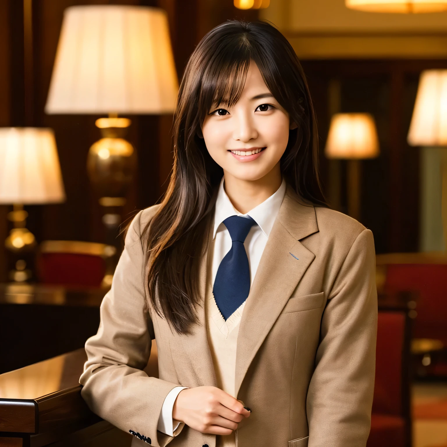 A beautiful Japanese woman with long, dark hair, wearing a light-colored blazer and a striped tie, standing in an elegant, well-lit hotel lobby. She is smiling warmly and holding out one hand in a welcoming gesture. The background features soft lighting, lamps, and an inviting ambiance. The image should capture the friendly and professional demeanor of the hotel staff member, focusing on a realistic and polished appearance.
