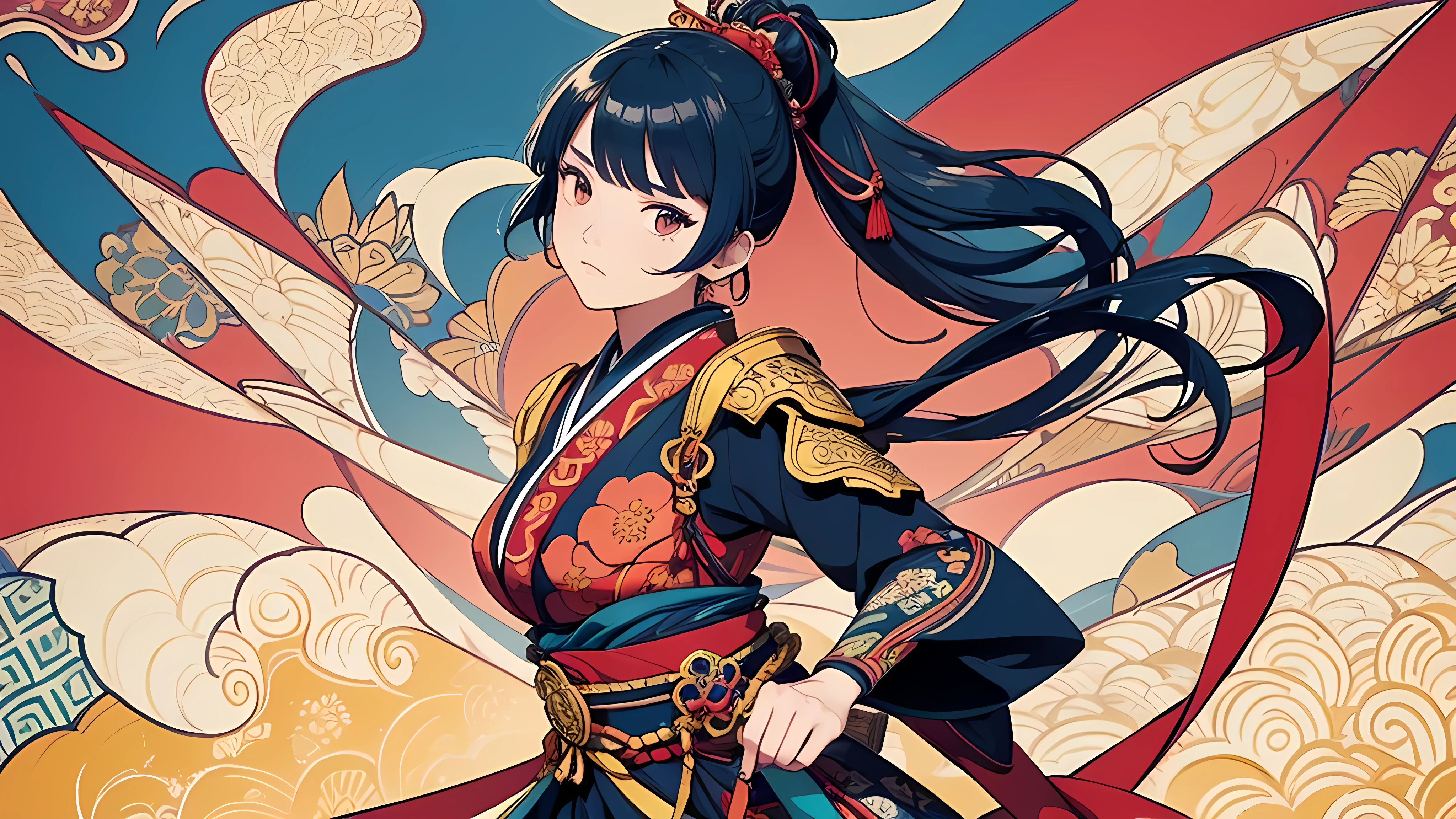 flat color, ukiyoe-style, (best quality, masterpiece, ultra high-resolution, ultra-detailed: 1.2), A vibrant and colorful illustration of an anime-style female samurai character with deep blue wavy-short hair, tween, holding her sword in front of her face. She is wearing traditional Japanese adorned with floral patterns, a backdrop filled with colorful patterns representing ancient symbols and floral motifs. The background is richly detailed with geometric shapes that add depth to their figure's presence, creating a whimsical atmosphere. The background features bold colors and intricate designs that add to the overall visual appeal. This artwork showcases vivid hues, intricate details on both attire and armor, capturing movement as she walks forward in the style of intricate details on both attire and armor, capturing movement as she walks forward.