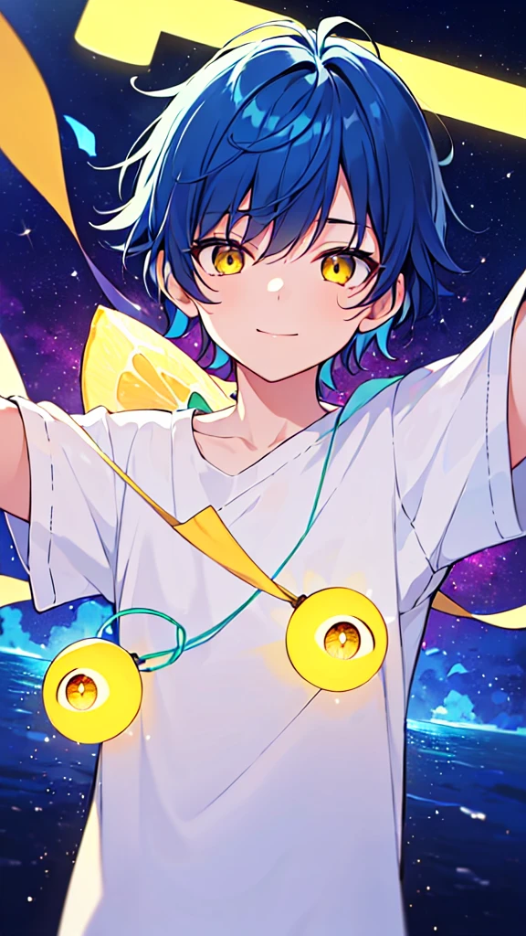 [(SUMMER night BACKGROUND:1.5),::5], ((((masterpiece)))), high quality, very_high_resolution, large_filesize, upper body, full color, ((Solo)), (( boy)), 13 olds short deepblue hair, vivid color, ((yellow eye)), Summer clothes white, animestyle, light smile