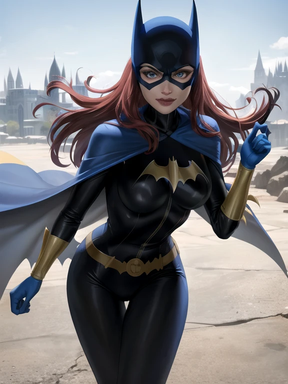 BarbaraG, 1girl, solo, blue cape, blue cloak, blue mask, belt, yellow gloves, blue eyes, superhero, long hair, grey bodysuit, lipstick, batgirl, park, smile, under her shoulders