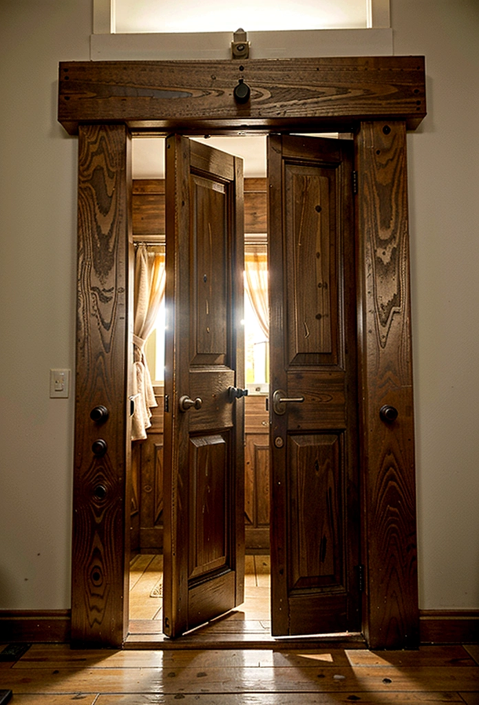 Haunted Door: An old, creaky wooden door, half open, with a strange light coming from behind. You can see shadows or mysterious figures in the background