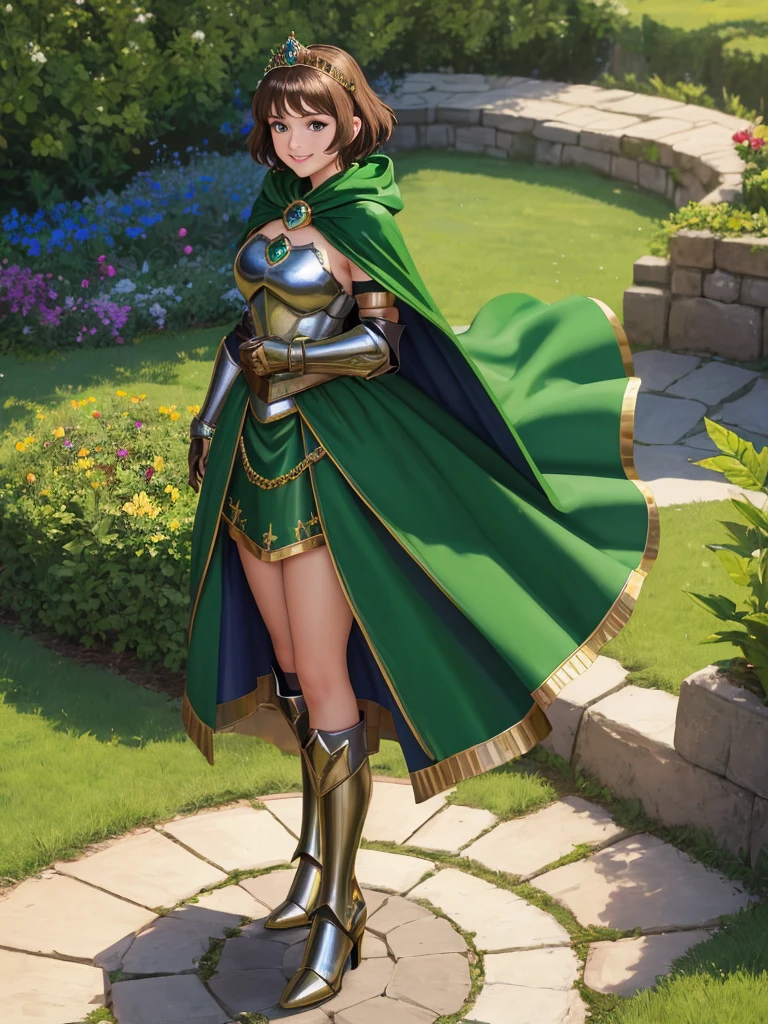 masterpiece, best quality:1.2), 1girl, smile, looking at viewer, green eyes, short brown hair, princess, armor, , pauldrons, armored dress, green cloak cape, wearing puffy blue ballgown skirt, golden tiara with green gem, armored boots, fingerless gloves, standing in medieval garden