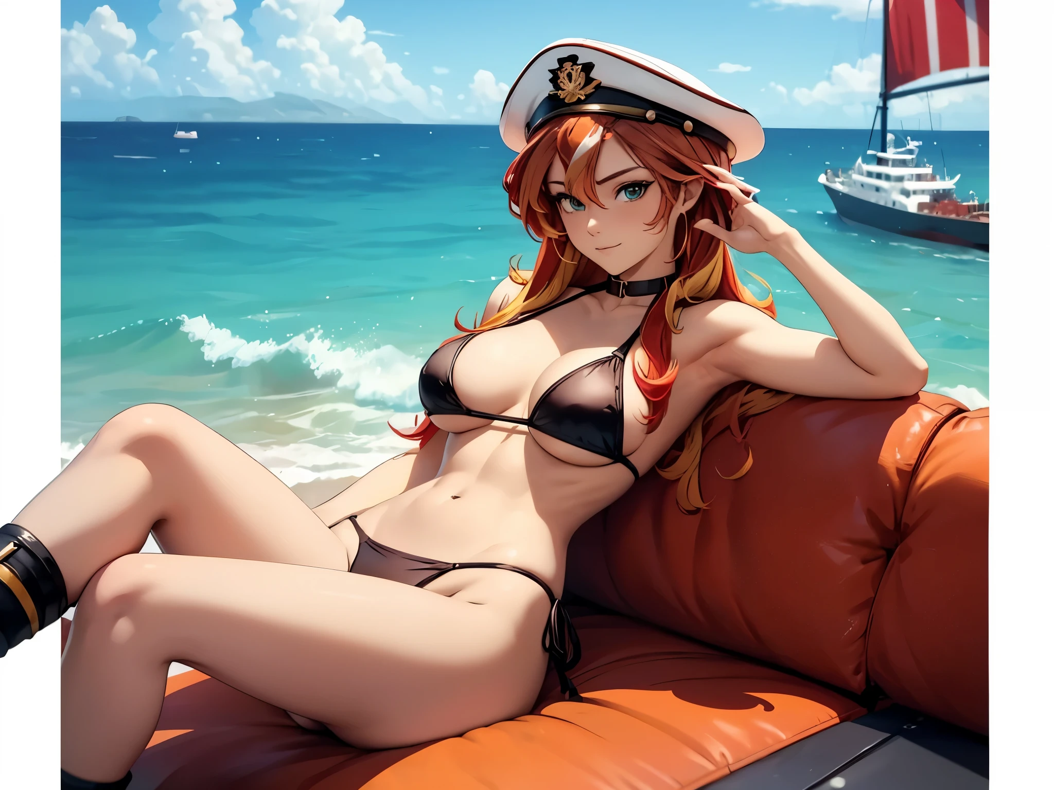 sunsethuman, female, two tones of hair, red and yellow hair, wearing a skimpy bikini, wearing a ship's captain hat, saluting, sexy pose, on a couch on a ship