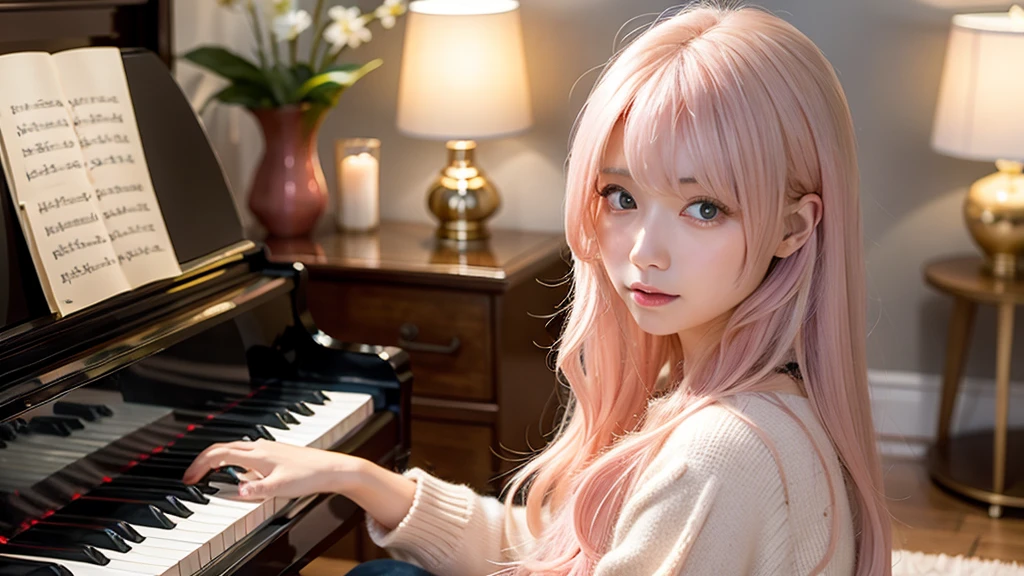 playing piano.Ai Hoshino, beige pink hair, Blue Hair,Long Hair, favorite , Beautiful, shining eyes, Stars in my eyes, Idol,Long pink hair