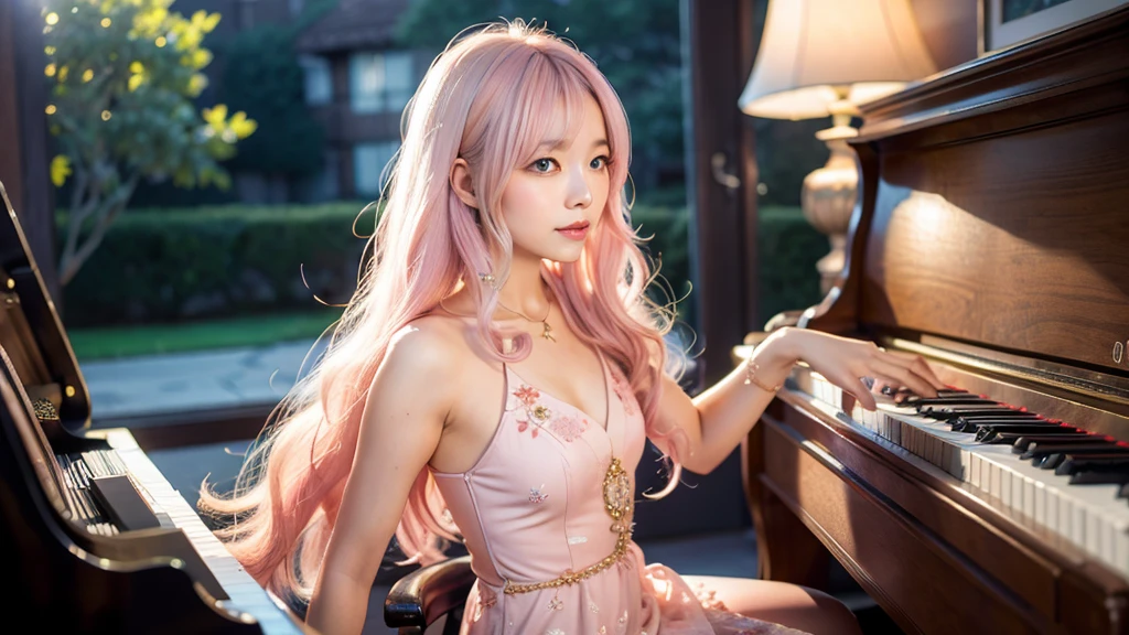 playing piano.Ai Hoshino, beige pink hair, Blue Hair,Long Hair, favorite , Beautiful, shining eyes, Stars in my eyes, Idol,Long pink hair