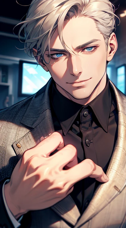 a mature man, very handsome, short grey golden hair, beautiful blue eyes, perfect detailed face, buttoning his jacket, CEO, smiling in love, cinematic lighting, 1:4 HDR, photorealistic, ultra detailed, 8K, best quality, masterpiece