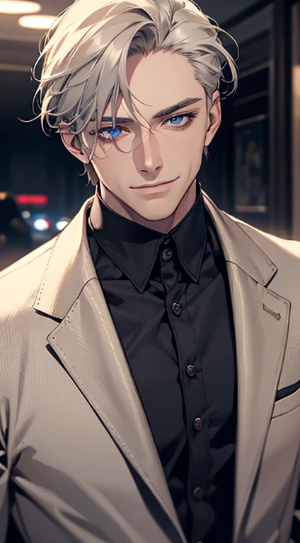 a mature man, very handsome, short grey golden hair, beautiful blue eyes, perfect detailed face, buttoning his jacket, CEO, smiling in love, cinematic lighting, 1:4 HDR, photorealistic, ultra detailed, 8K, best quality, masterpiece