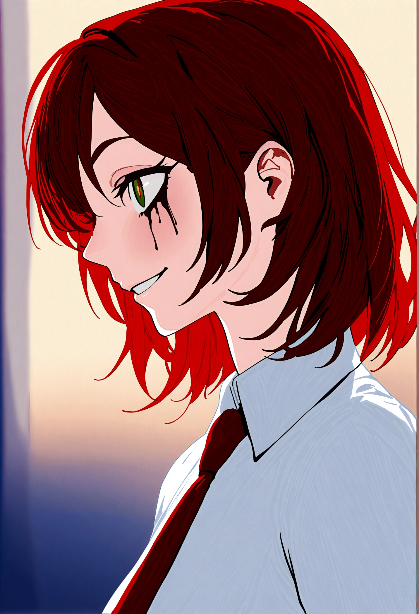 (Masterpiece:1.2, Best Quality), 1 woman, profile, looking towards the viewer, White shirt red tie, medium breasts, Casual, long red hair, minimal makeup, , pale,Natural fabrics, closeup face, evil smile, bright eyes circular pupils,8K high resolution, detailed lines,blurred background,