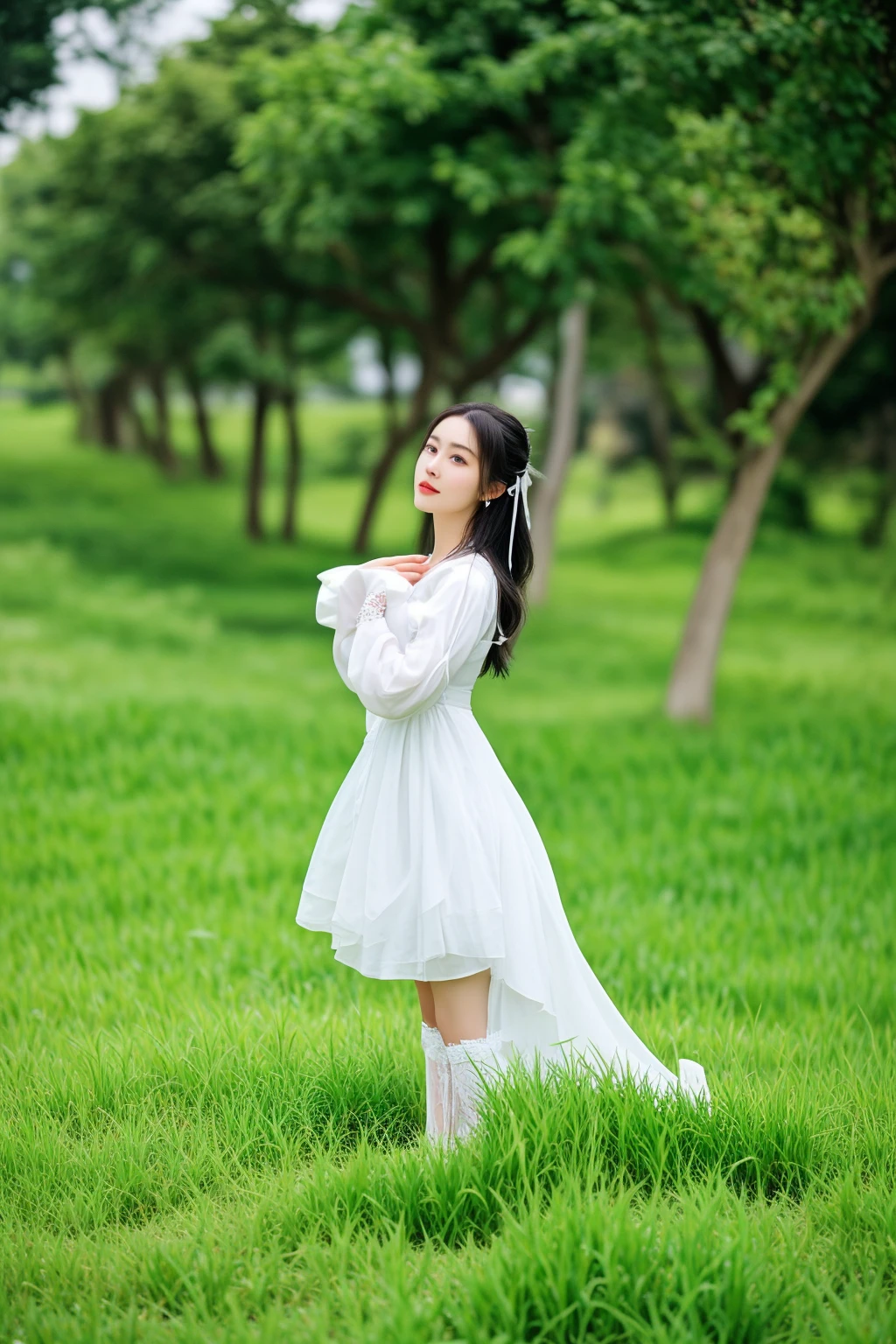there is a woman in a white dress standing in a field, white hanfu, anime girl cosplay, a beautiful woman in white, wearing a white flowing dress, girl in white dress dancing, wearing a cute white dress, a cute young woman, flowing white dress, palace ， a girl in hanfu, cute elegant pose, white sleeves, white color
