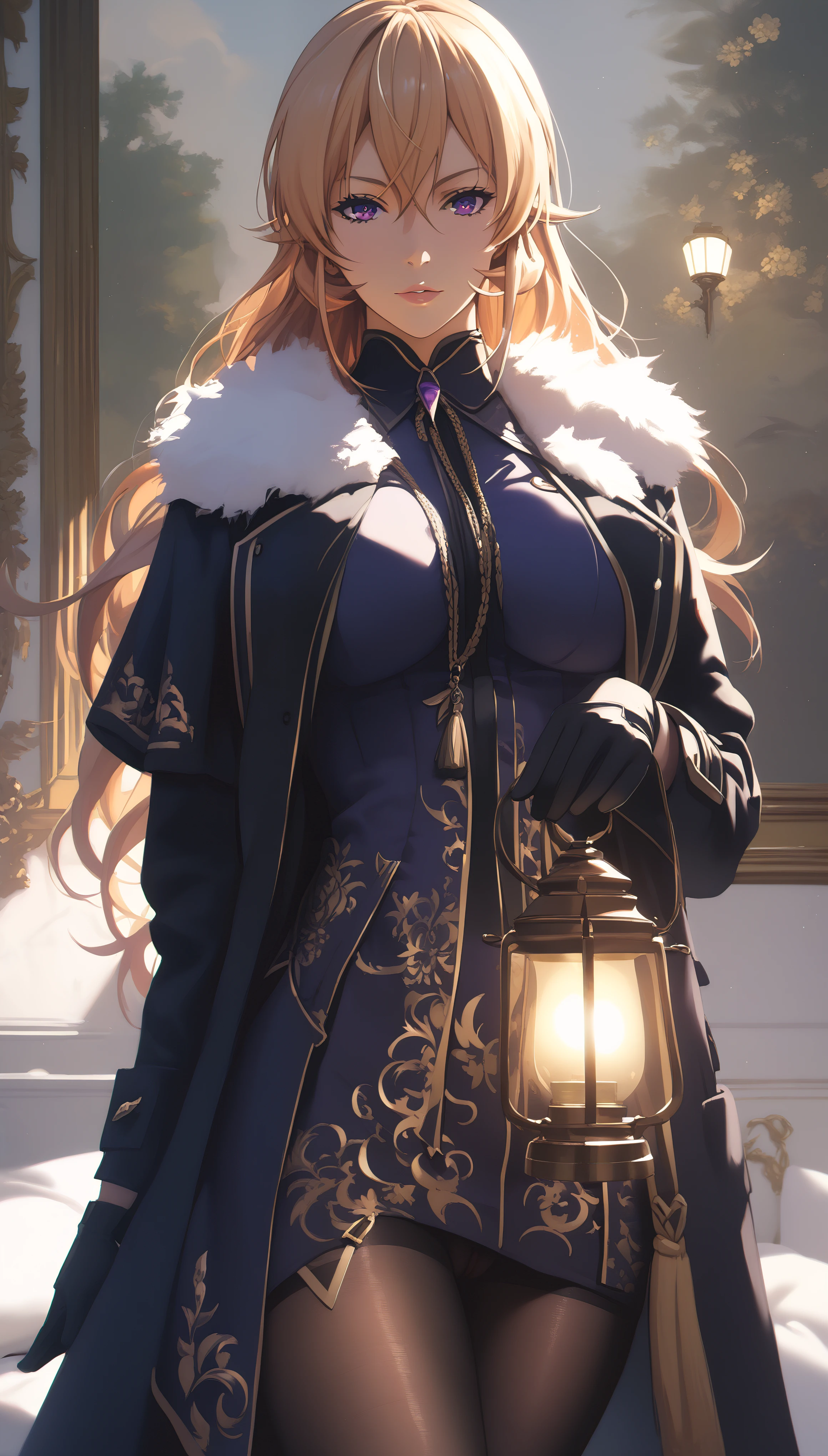 score_9, score_8_up, score_7_up, score_6_up, uncensored, erina nakiri, blonde hair, long hair, purple eyes, BREAK (masterpiece:1.2), best quality, high resolution, (illustration:0.8), (detailed eyes:1.3), perfect lighting, (perfect hands, perfect anatomy), large breasts, 1girl, gloves, black_gloves, black_legwear, looking_at_viewer, coat, breasts, fur_collar, jewelry, holding, solo, dress, pantyhose, standing, lamp,