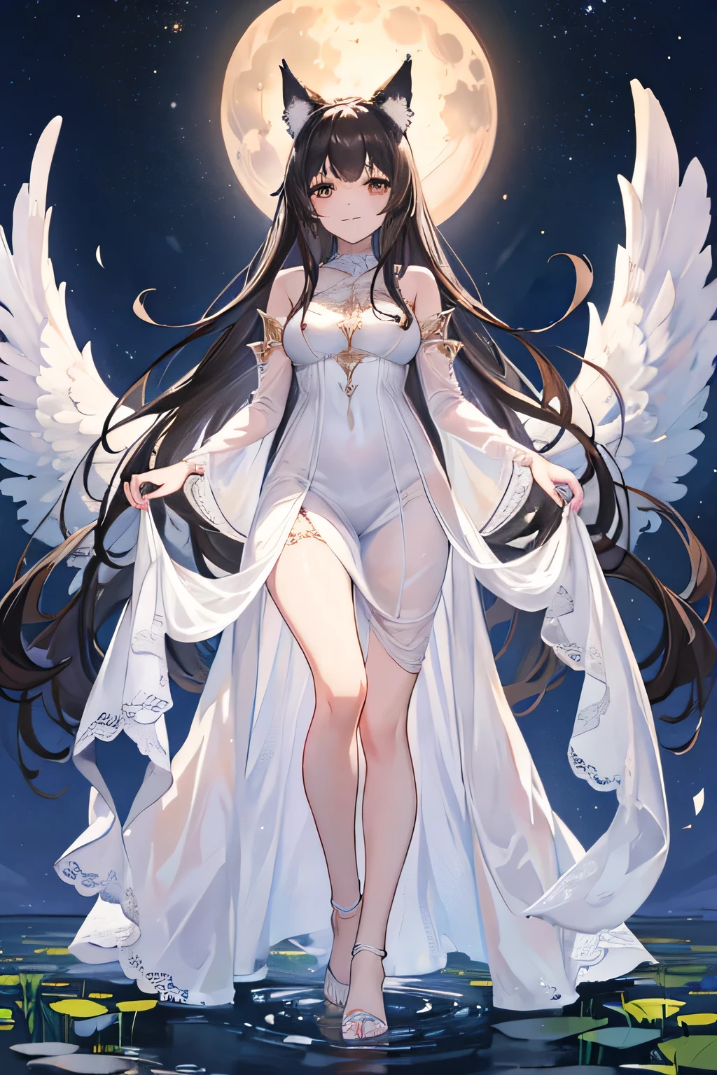 (Masterpiece), (Best Quality), (Super Detail), (long straightHair), (Illustration), (1 Girl), (moon Background), Beautiful Detailed brown Eyes, Delicate Beautiful Face,wolf ears, angel wings,long dress until her feet, (High Saturation), (Shine), Black Hair, Bangs, dark brown eyes, shy, Full Smile, girl, maiden in love, top quality, super detailed, smile, beautiful face, 4K,HD,standing in a pond with dlowers