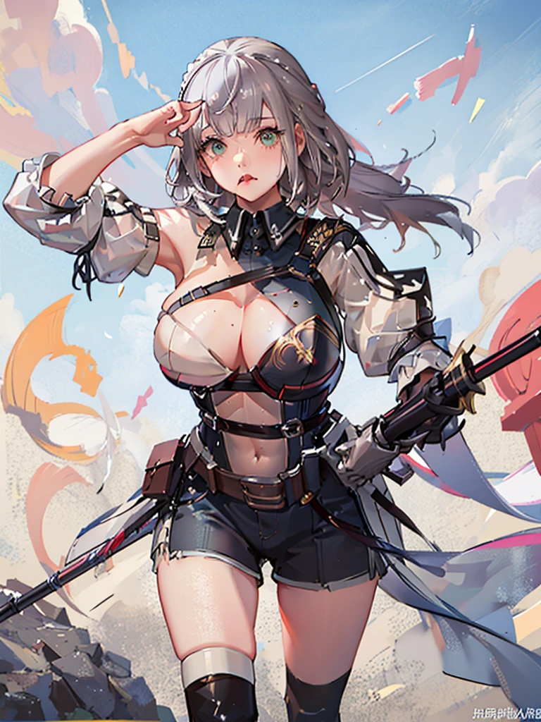 ((masterpiece, Highest quality, High resolution)),8K,One girl,((super fine illustration)),((beautiful detailed eyes,highly detailed skin)),((well endowed,Blessed,Captivating body、Detailed Background)), (holding mace,Combat posture、Ready your weapon、Dynamic composition、Silver braided short bob、Girl with a weapon:1.2)、(Pouting mouth, blush, embarrassed:1.2),
