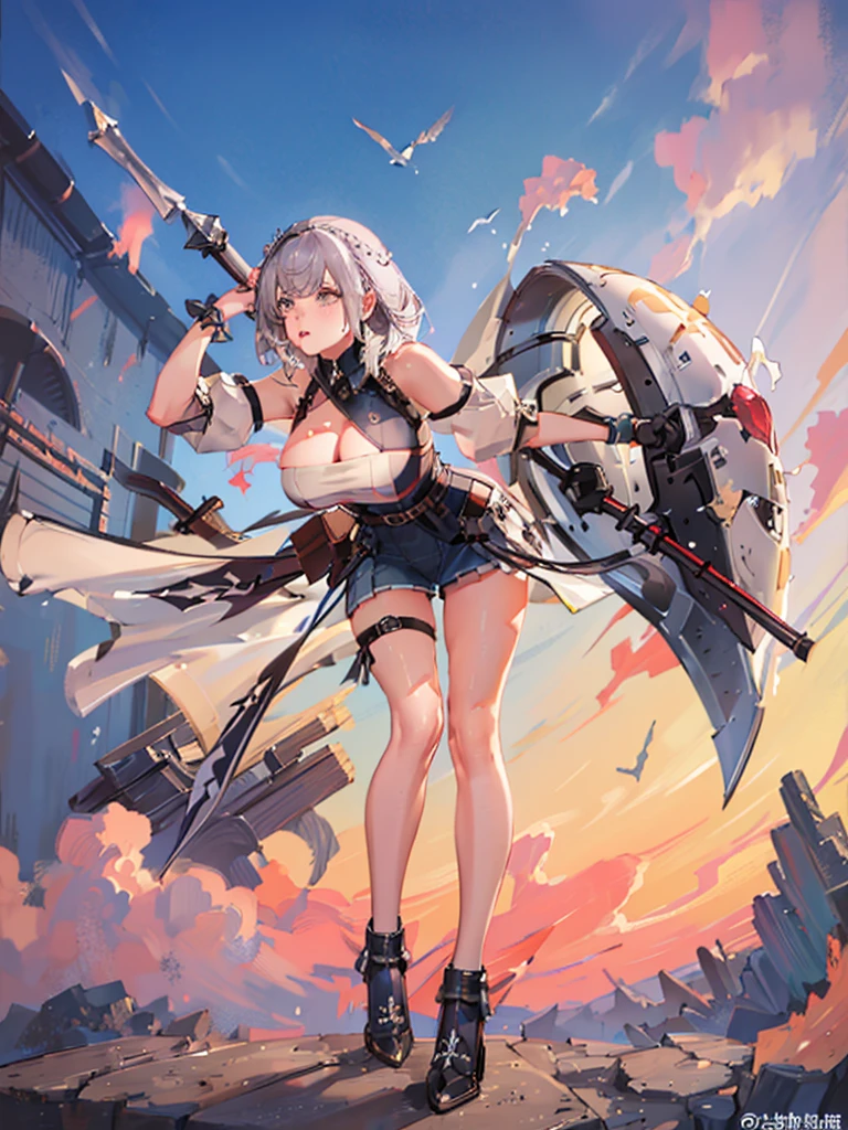 ((masterpiece, Highest quality, High resolution)),8K,One girl,((super fine illustration)),((beautiful detailed eyes,highly detailed skin)),((well endowed,Blessed,Captivating body、Detailed Background)), (holding mace,Combat posture、Ready your weapon、Dynamic composition、Silver braided short bob、Girl with a weapon:1.2)、(Pouting mouth, blush, embarrassed:1.2),