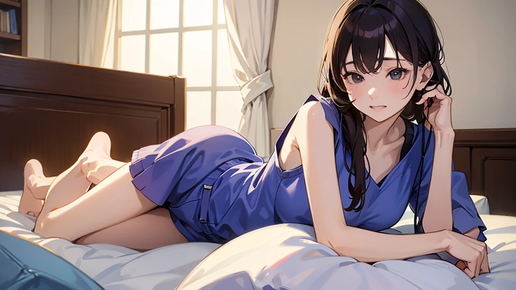 Girl wearing earphones listening to music、Lying on the floor in the room、Image of a person listening to music with their feet up on the bed、 (masterpiece) (Highest quality) (detailed) (8K)、detailedな背景、Portrait Photography、