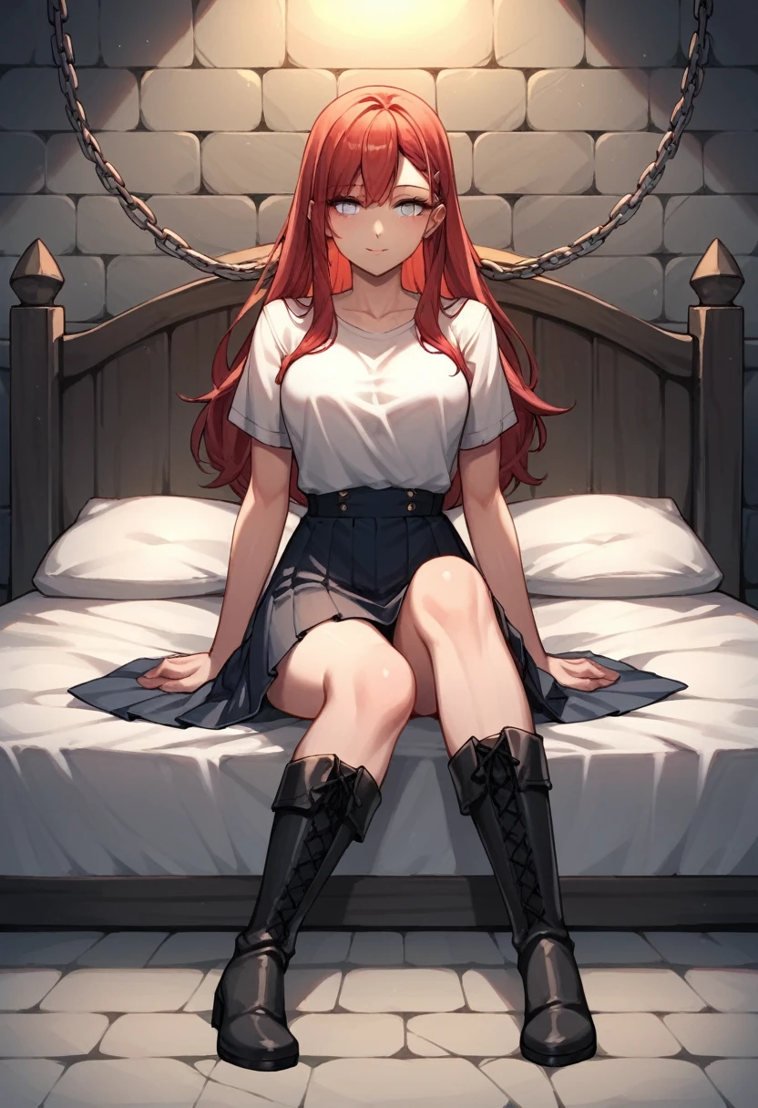 score_9, score_8_up, score_7_up, score_6_up, score_5_up, score_4_up, source_anime, 1girl,bed,sit, red hair, blue eyes, w-w-chain, shackles,crossed,long hair, black dress, skirt,black high heels, dungeon, best quality, best res, 4K UHD,
 