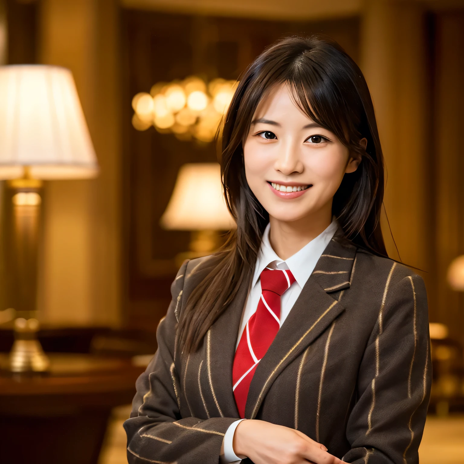 A beautiful Japanese woman with long, dark hair, wearing a light-colored blazer and a striped tie, standing in an elegant, well-lit hotel lobby. She is smiling warmly and holding out one hand in a welcoming gesture. The background features soft lighting, lamps, and an inviting ambiance. The image should capture the friendly and professional demeanor of the hotel staff member, focusing on a realistic and polished appearance. 