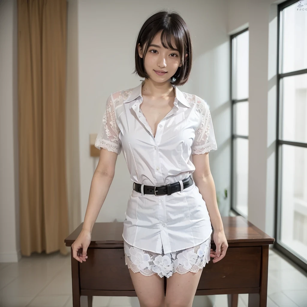 (Highest quality:1.9)、(High resolution)、Live-action image quality、((19 year old female university student、1 person))、Soft lighting by a professional photographer、Natural light、((White lace short sleeve shirt、Please wear it with the chest open.:1.7))、((White checked skirt))、(Cute Smile)、((Girly pose 1.8))、((short hair:1.1))、((Full Body Shot:1.2))、((Height: 145cm))、Hands in front、Hold hands between legs、bangs、