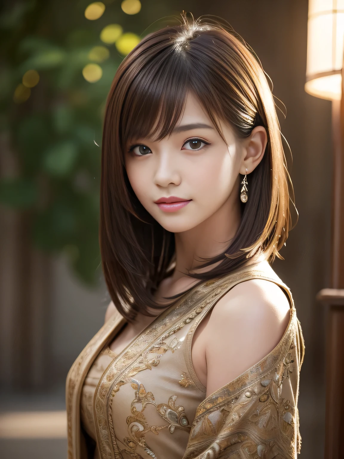masterpiece, best quality, ultra-detailed, intricately detailed hyperdetailed, realistic, sharp features, highly detailed, sharp focus, , (Japanese idol), perfect face, perfect symmetrically perfect eyes, perfect full lips, flexible female form, film light, hyper detailed, hyper realistic, high resolution, vibrant, dynamic studio lighting, short hair, Brown Hair, Shoulder Length Layered, asymmetrical bangs, brown Eyes, (Impish Smile:1.2), cowboy shot,