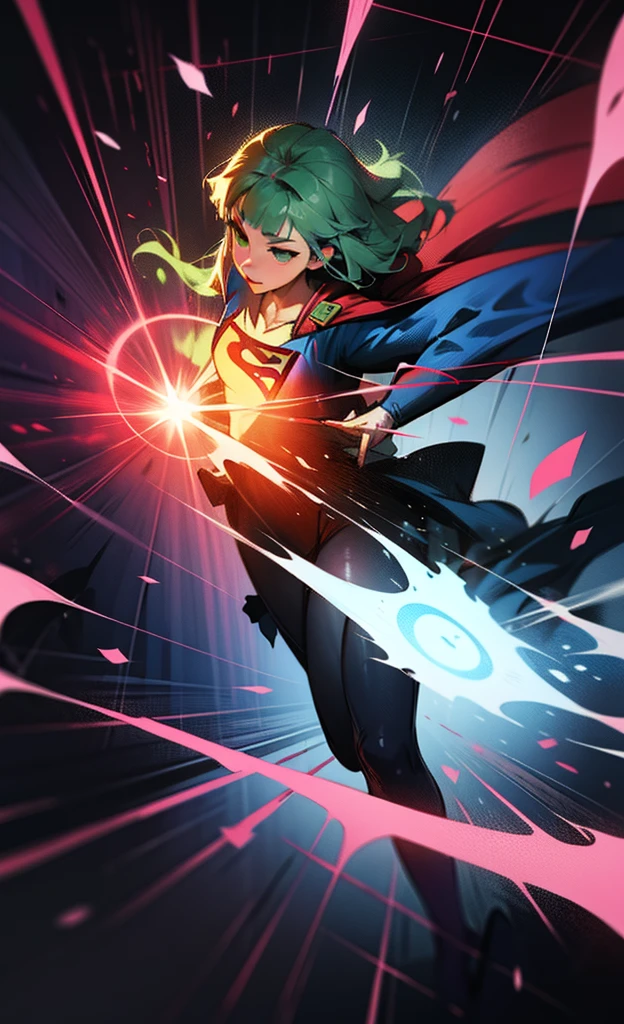 Inspired Supergirl beautiful anime cartoon character niji Midjourney 8k, giant weapon in the right hand opening an energetic dimensional portal, twilight and neon green details, black, Breakdomain artwork, bolts reds, ouka-niji 5, Artgerm