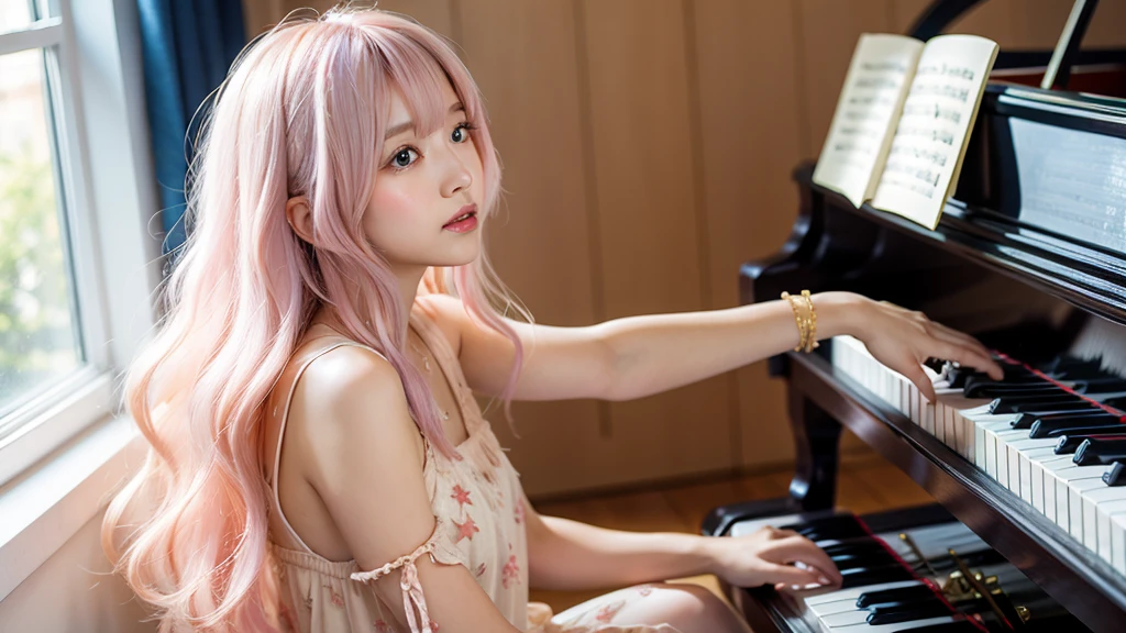 playing piano.Ai Hoshino, beige pink hair, Blue Hair,Long Hair, favorite , Beautiful, shining eyes, Stars in my eyes, Idol,Long pink hair
