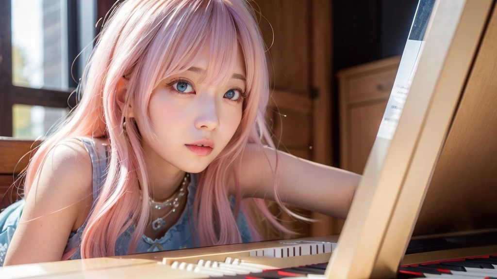 playing piano.Ai Hoshino, beige pink hair, Blue Hair,Long Hair, favorite , Beautiful, shining eyes, Stars in my eyes, Idol,Long pink hair