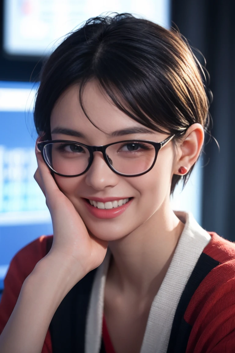a girl with short hair, wearing transparent glasses, smiling and raising her hand, in a stock market setting, half-body shot, small ears, high quality, non-deformed, extremely detailed facial features, hyper realistic, 8k, photorealistic, vibrant colors, dramatic lighting, cinematic, beautiful, elegant, dynamic pose