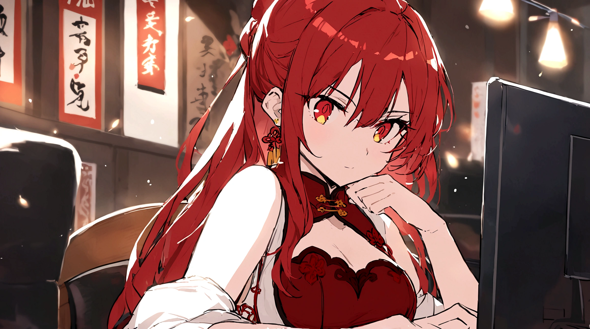 Uma personagem usando chinese outfit. she has long red hair. She has RED AND GOLDEN eyes. huge . she is working on her computer