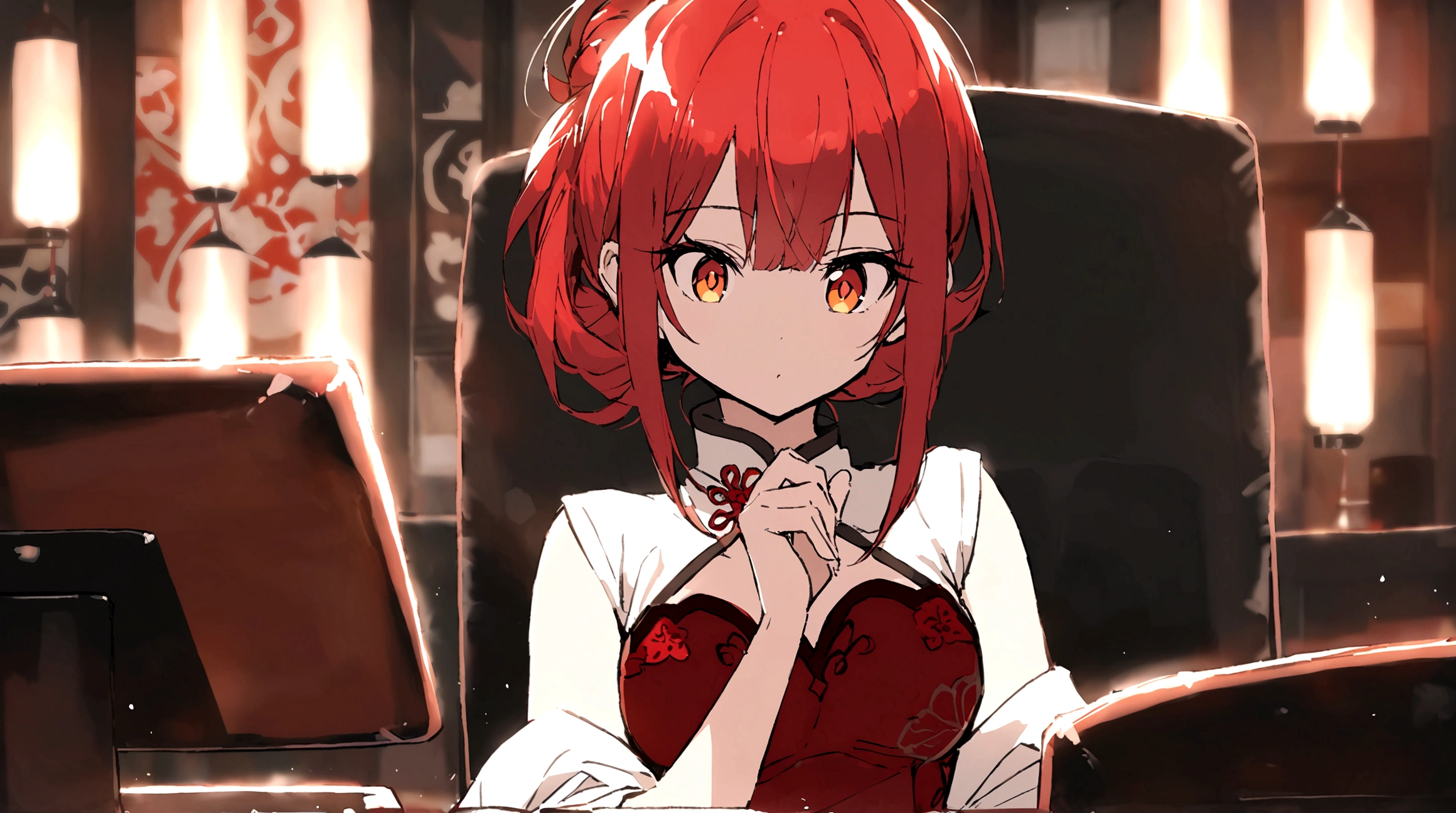 Uma personagem usando chinese outfit. she has long red hair. She has RED AND GOLDEN eyes. huge . she is working on her computer
