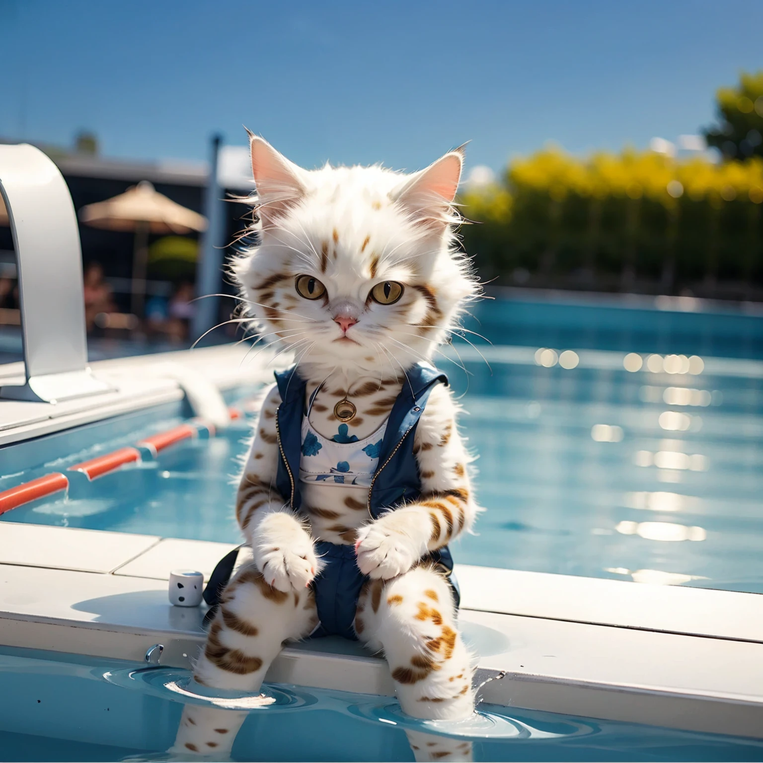 (Highest quality, masterpiece:1.2),pressure,sitting in the pool,Main cat,Woman wearing a white bra top, School swimming pool、blue sky、