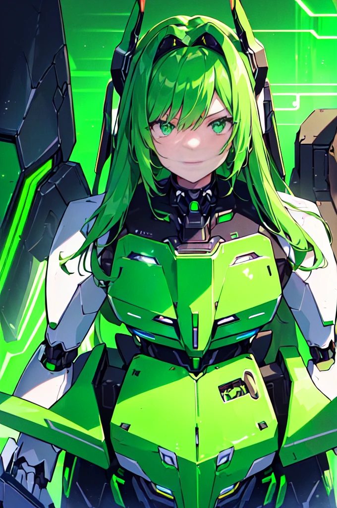 (((masterpiece))), (upper body), 1girl, solo, Green hair, long hair, Green eyes, (slant eyes), science fiction, ((Solo)), (mecha musume:1.5), mechanical parts, headgear, doragon mechanical tails, ((mechanical Black dragon Armor)), Evil smile face, (((neon light green))), Anime style