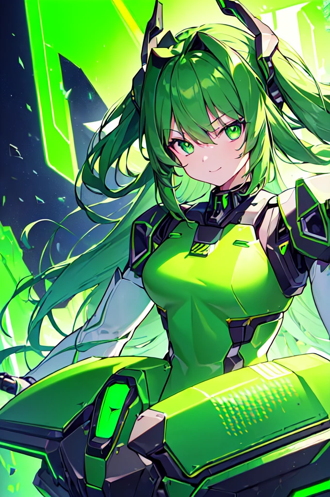 (((masterpiece))), (upper body), 1girl, solo, Green hair, long hair, Green eyes, (slant eyes), science fiction, ((Solo)), (mecha musume:1.5), mechanical parts, headgear, doragon mechanical tails, ((mechanical Black dragon Armor)), Evil smile face, (((neon light green))), Anime style