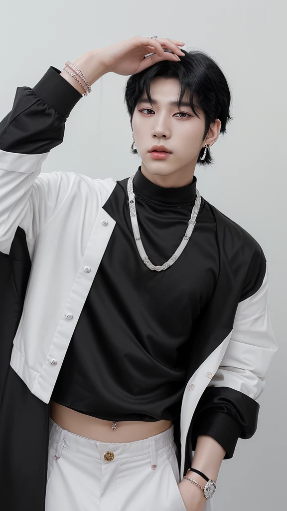 Korean boy
Beautiful
V 
Jewellery
Kpop idol
23 years old
White and black hair 