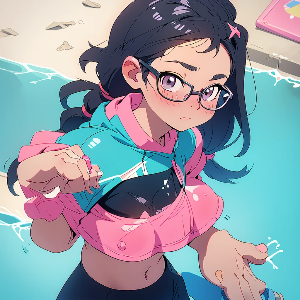 Ponytailed girl in pink bikini swimsuit with glasses, rubbing both breasts, looking up, black hair, looking at camera, pool, pastel colors, 8k