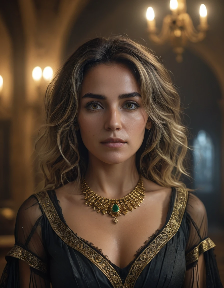 (masterpiece:1.7, best quality, ultra detailed, moonlight lights ratio, ultra realistic:1.3), Cinematic lighting:0.7, full-body portrait of a Brazilian woman with Wiccan (witch) style, wearing a detailed gothic dress with a cropped top, adorned with Egyptian gold jewelry. Sharp focus on her face, perfect eyes:1.5, photorealistic:1.5, film grain, looking at the camera:1.3, emphasize shoulders, foggy, misty, volumetric dust, key light, ray tracing, film grain ISO 800, 16 mm lens, RAW f1.8 aperture, analog photography, HDR colors, gothic interior, dark, elegant, and intimidating atmosphere
