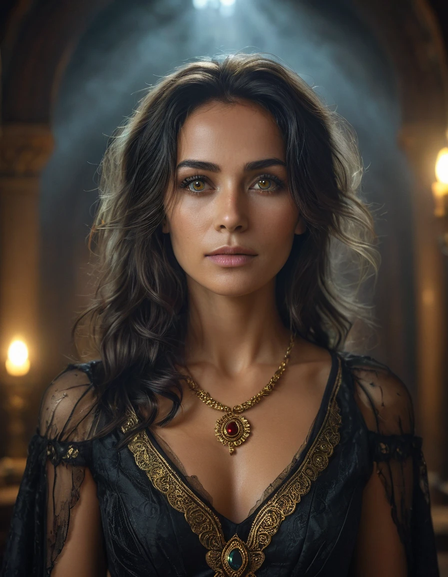 (masterpiece:1.7, best quality, ultra detailed, moonlight lights ratio, ultra realistic:1.3), Cinematic lighting:0.7, full-body portrait of a Brazilian woman with Wiccan (witch) style, wearing a detailed gothic dress with a cropped top, adorned with Egyptian gold jewelry. Sharp focus on her face, perfect eyes:1.5, photorealistic:1.5, film grain, looking at the camera:1.3, emphasize shoulders, foggy, misty, volumetric dust, key light, ray tracing, film grain ISO 800, 16 mm lens, RAW f1.8 aperture, analog photography, HDR colors, gothic interior, dark, elegant, and intimidating atmosphere
