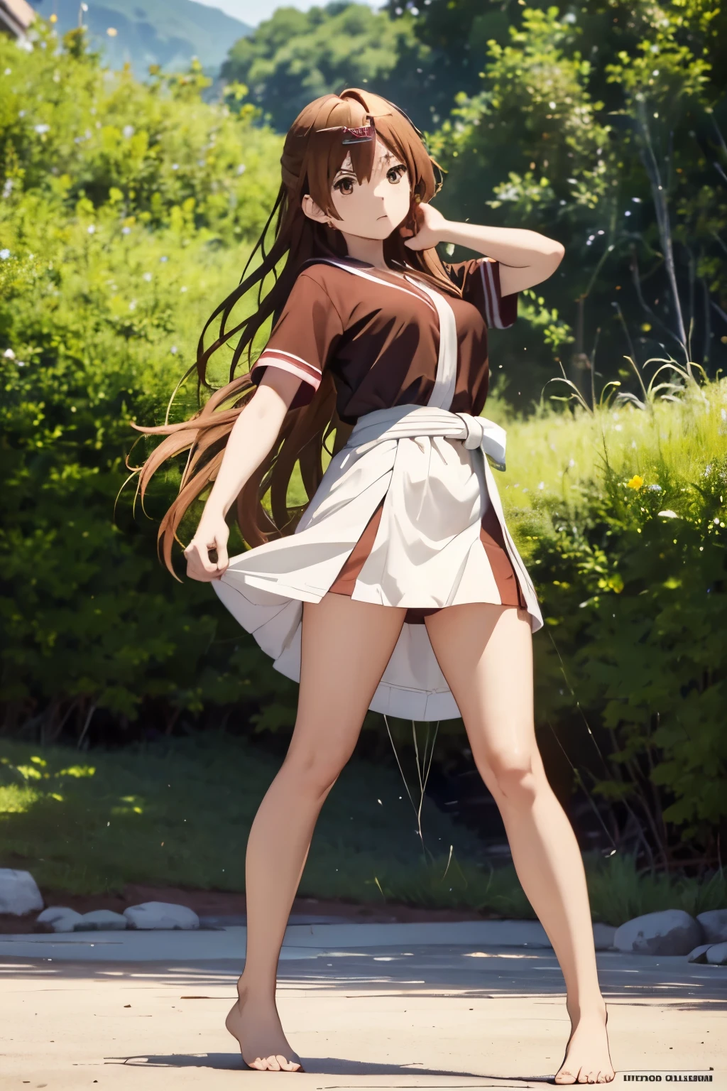 high resolution, 1girl, long brown hair, shinka nibutani angry, wearing summer school uniform with short sleeves, right leg high kick, karate kick, right foot raised above head-height, barefoot, arched foot, toes bent upwards, barehands, fighting stance, martial arts, facing viewer, fit full body in picture, (best quality,8K,high resolution,ultra-detailed,masterpiece:1.2)