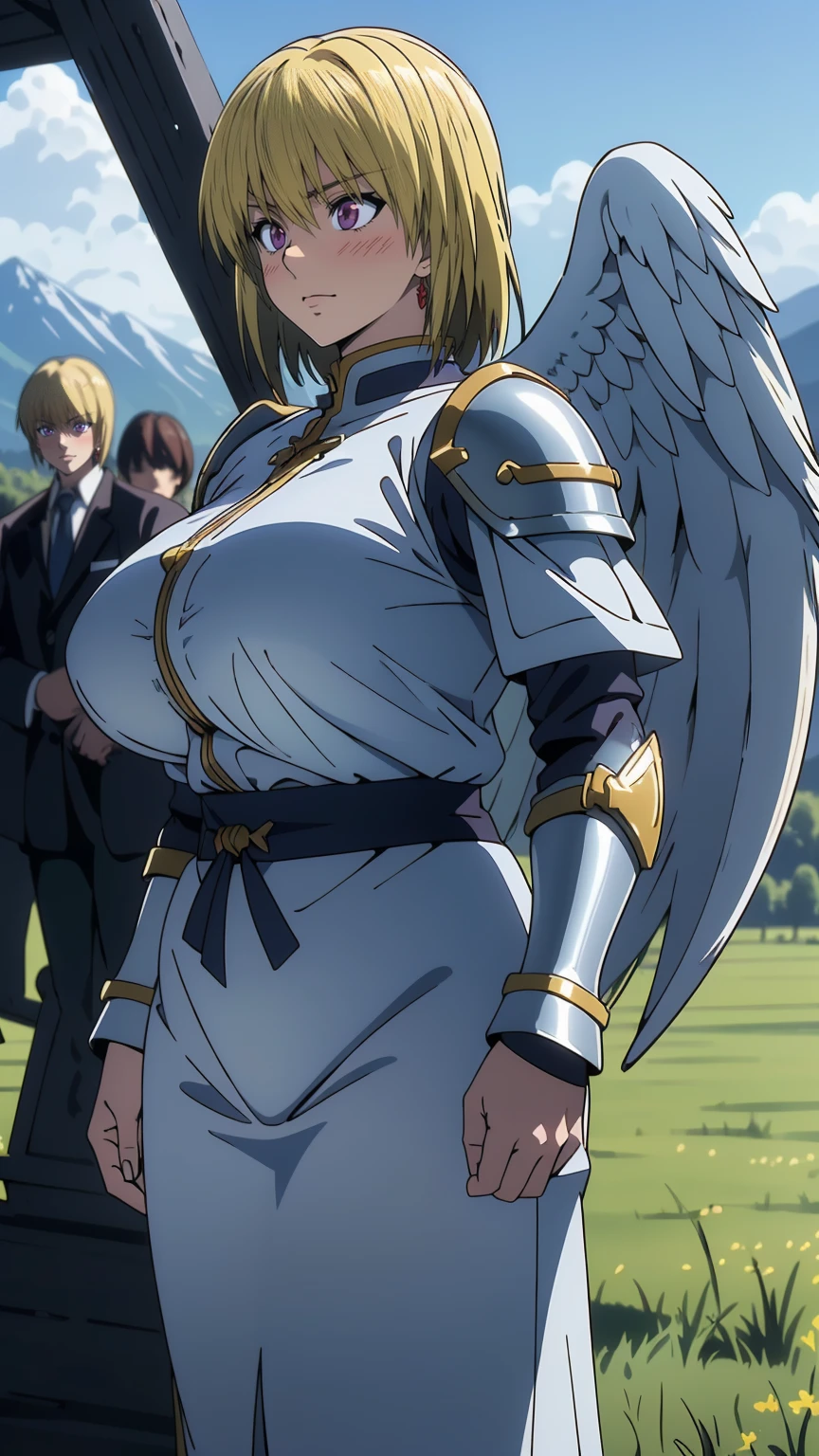 (masterpiece, highly detailed:1.2), 1girl, sarielx, heterochromia, braided ponytail, head wings, braided bangs, fantasy landscape, soft particles, gold armor, sideboob, underboob, gold skirt, gold gauntlets, head chain, angel wings, Very embarrassed, blush, Amazing, finely detail, multiple old mans, standing, large breasts, ultra-detailed, rodo, (old worker), retired, 2old mans, surrounded by old men, multiple boys, hetero, breast grab, breast grab from behind, She is shorter than the old man., blue sky, grassland, Mumu, Exposed nipples, (Men and women are the same height:1.5), groping, smile, close-up, cowboy shot, best quality
