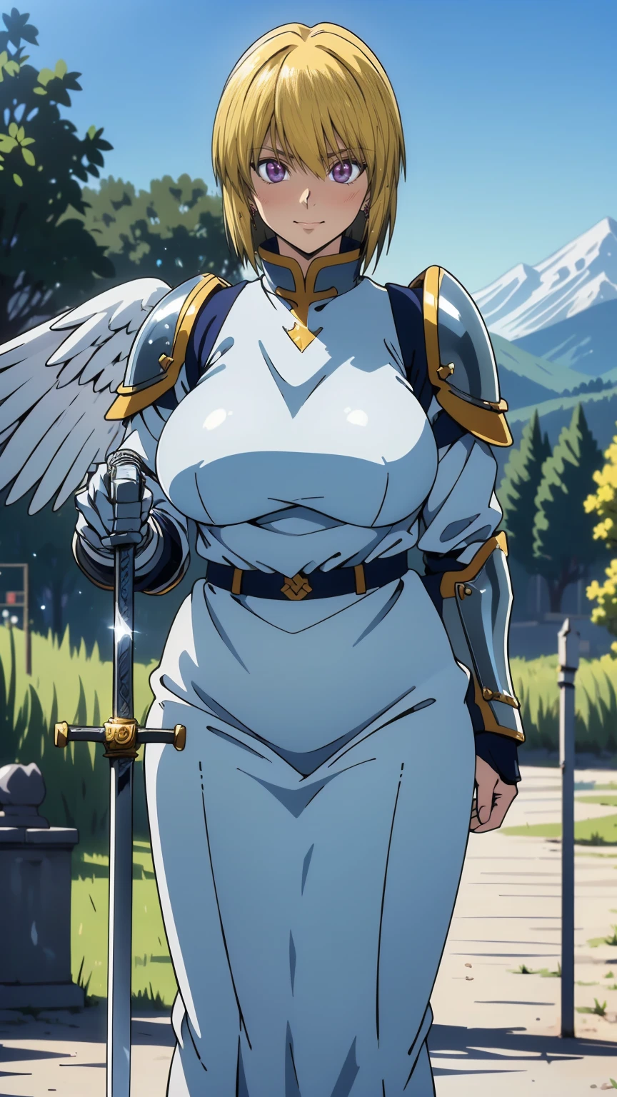 woman in her 20s、1 person、Angelic、There are large white wings on the back、Has 6 wings、Swan wings、With a round face、round chin、Close-up of a woman in armor holding a sword, Armor girl, female knight, big and full breasts、full armor, full armor, gorgeous female paladin, female knight, of a Beautiful female knight, Beautiful armor, Plump、thick waist、wide waist、full armor, armor、Gorgeous full-body armor, Amazing armor, Trending on Art Station Pixiv, Beautiful female knight、has a large sword、Great Sword of Steel、happy look、looking here、Look at me、Lakeside、white military flags lined up, There is a large army behind us far away.、With forest and mountains in the background、black string、Black pattern,kurapika, bob hair, blonde hair, (long tits:1.1), (huge tits:1.1), (saggy tits:1.2), (BIG ASS:1.2)
