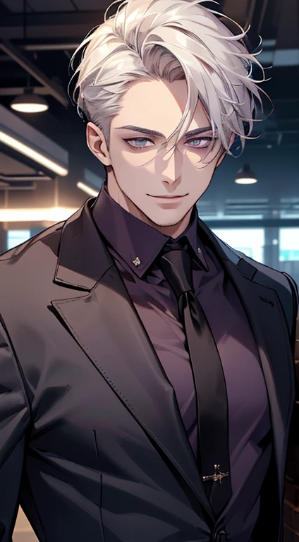 (best quality, masterpiece, 8K, photorealistic, cinematic lighting, hdr image, ultra detailed, beautiful image), 1 man, 31 years old, mature man, very handsome, (without expression, smile), short white hair, purple eyes ( penetrating gaze), perfect face without errors, imposing posture, without errors, businessman, office background