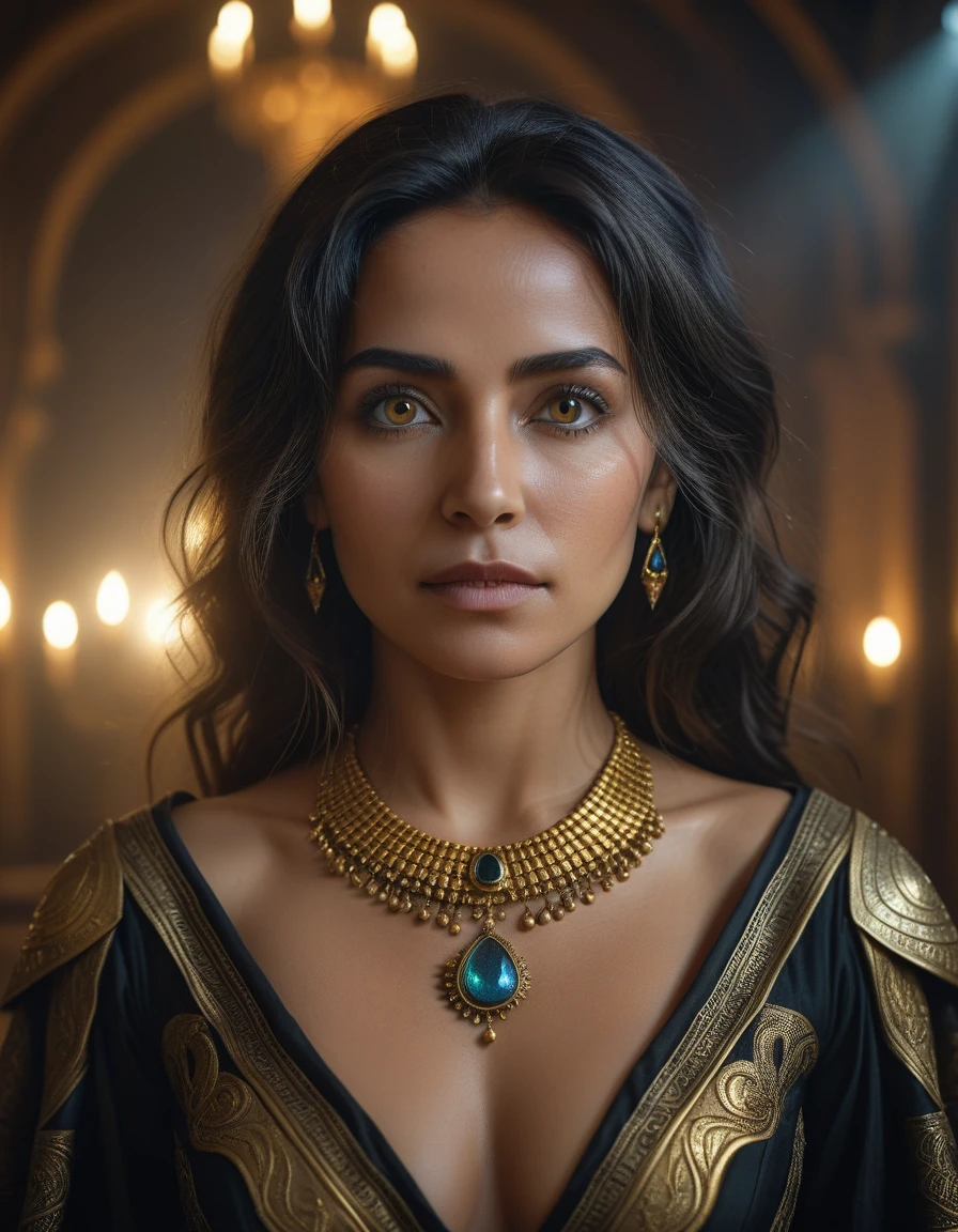 (masterpiece:1.7, best quality, ultra detailed, moonlight lights ratio, ultra realistic:1.3), Cinematic lighting:0.7, full-body portrait of a Brazilian woman with Wiccan (witch) style, wearing a detailed gothic dress with a cropped top, adorned with Egyptian gold jewelry. Sharp focus on her face, perfect eyes:1.5, photorealistic:1.5, film grain, looking at the camera:1.3, emphasize shoulders, foggy, misty, volumetric dust, key light, ray tracing, film grain ISO 800, 16 mm lens, RAW f1.8 aperture, analog photography, HDR colors, gothic interior, dark, elegant, and intimidating atmosphere